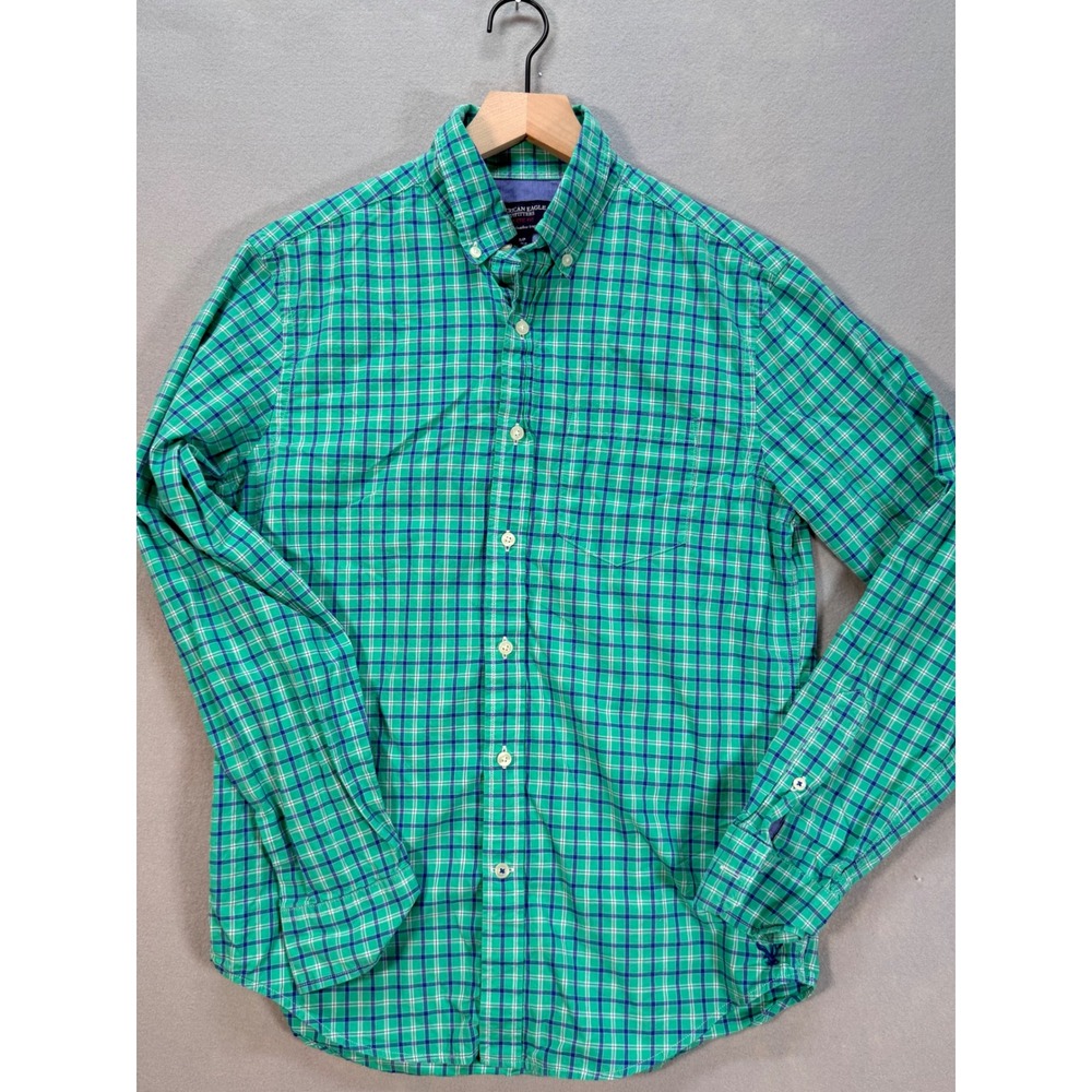 American Eagle Mens Small Green Blue Plaid Long Sleeve Button Down Cotton Shirt